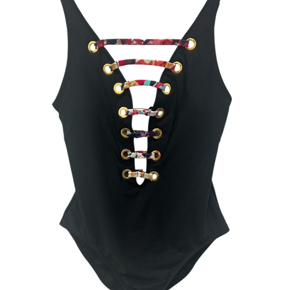 Bleu Rod Beattie One-Piece Swimsuit Size 6 Black Lace-Up Front Multi-Strap
